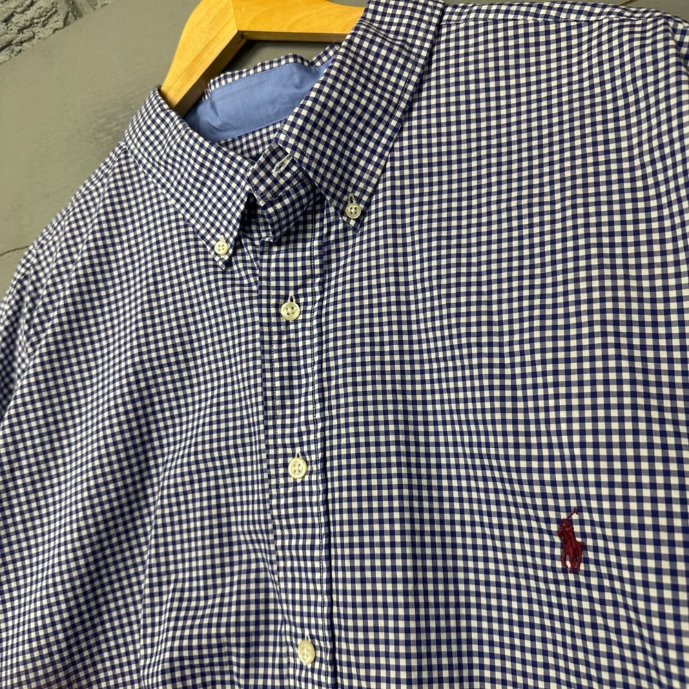 Ralph Lauren‎ Mens 3XB Gingham Button Down Shirt Navy Blue White Cotton Long S